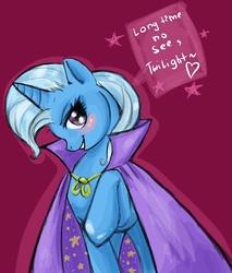 Size: 681x800 | Tagged: safe, artist:donenaya, trixie, pony, unicorn, g4, blushing, dialogue, female, heart, implied lesbian, implied shipping, implied twilight sparkle, implied twixie, looking at you, mare, photoshop, raised hoof, red background, simple background, solo, trixie's cape, trixie's hat