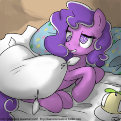 Size: 900x900 | Tagged: safe, artist:johnjoseco, screwball, earth pony, pony, g4, season 2, the return of harmony, adobe imageready, bed, female, hat, mare, morning ponies, on side, pillow, propeller hat, quill, smiling, solo, swirly eyes