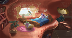 Size: 3000x1600 | Tagged: safe, artist:stinkehund, spike, twilight sparkle, dragon, pony, unicorn, g4, bed, bedroom, book, bookshelf, clock, cuckoo clock, dark, duo, duo male and female, eyes closed, female, golden oaks library, heartwarming, high res, horseshoes, house plant, loft, male, mare, morning, open mouth, open smile, photoshop, sleeping, smiling, stairs, sweet dreams fuel, telescope, twilight's bedroom, unicorn twilight, wallpaper, wholesome, window