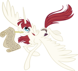 Size: 4222x3870 | Tagged: dead source, safe, artist:draikjack, artist:lauren faust, oc, oc only, oc:fausticorn, alicorn, pony, g4, alicorn oc, female, horn, large wings, lauren faust, long horn, mare, mouth hold, pencil, photoshop, scroll, show accurate, simple background, solo, spread wings, tall, thin, transparent background, wings