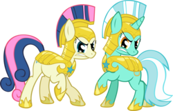 Size: 6225x4000 | Tagged: safe, artist:spaceponies, bon bon, lyra heartstrings, sweetie drops, earth pony, pony, unicorn, g4, absurd resolution, angry, armor, duo, duo female, female, helmet, hoof shoes, mare, royal guard armor, show accurate, simple background, transparent background, vector, war face