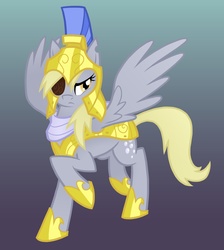 Size: 1700x1900 | Tagged: safe, artist:equestria-prevails, derpy hooves, pegasus, pony, g4, armor, epic derpy, eyepatch, female, general derpy, gradient background, guardsmare, helmet, mare, photoshop, royal guard, royal guard armor, show accurate, solo, wings