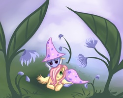 Size: 2000x1600 | Tagged: dead source, safe, artist:ninjaham, fluttershy, trixie, pegasus, pony, unicorn, g4, acdsee, colored pupils, cute, diatrixes, duo, female, flower, grass, lesbian, mare, palindrome get, prone, shipping, shyabetes, smiling, trixie's cape, trixie's hat, trixieshy