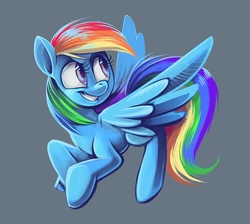 Size: 800x716 | Tagged: safe, artist:owlygem, rainbow dash, pegasus, pony, g4, female, flying, gray background, looking back, mare, photoshop, simple background, smiling, solo, spread wings, wings