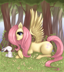 Size: 900x1024 | Tagged: dead source, safe, artist:felynea, angel bunny, fluttershy, pegasus, pony, g4, colored pupils, duo, female, forest, grass, mare, prone, spread wings, wings, wrong eye color