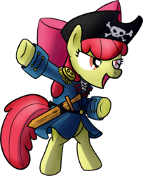 Size: 912x1118 | Tagged: safe, artist:miketheuser, apple bloom, earth pony, pony, g4, apple bloom's bow, bipedal, bottomless, bow, clothes, costume, female, filly, hair bow, palindrome get, partial nudity, pirate, simple background, solo, transparent background, wooden sword