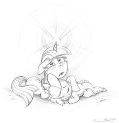 Size: 704x728 | Tagged: dead source, safe, artist:raveneesimo, spike, twilight sparkle, dragon, pony, unicorn, g4, duo, female, filly, filly twilight sparkle, fim crew, floppy ears, foal, glowing horn, grayscale, horn, looking at you, male, mama twilight, mare, monochrome, sad, simple background, sketch, unicorn twilight, white background, younger