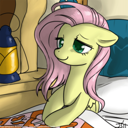 Size: 900x900 | Tagged: safe, artist:johnjoseco, fluttershy, pegasus, pony, adobe imageready, bed, blanket, colored pupils, cute, female, floppy ears, folded wings, lantern, lidded eyes, mare, messy hair, messy mane, morning ponies, pillow, shyabetes, signature, sitting, smiling, solo, wings