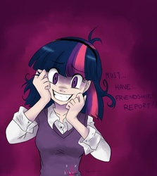 Size: 670x750 | Tagged: safe, artist:meroni, twilight sparkle, human, g4, lesson zero, creepy, crying, cutie mark on clothes, eyebrows, eyebrows visible through hair, female, gradient background, gritted teeth, humanized, insanity, light skin, messy mane, paint tool sai, psycho, smiling, solo, sweater vest, twilight snapple