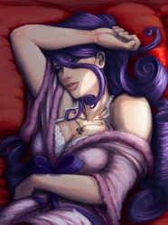 Size: 893x1200 | Tagged: safe, artist:quizzicalkisses, rarity, human, g4, bathrobe, beautiful, bed, bedroom, bedroom eyes, bra, breasts, busty rarity, cleavage, clothes, female, frilly underwear, humanized, indoors, light skin, lips, long hair, looking at you, necklace, on back, purple hair, robe, sexy, smiling, solo, stupid sexy rarity, underwear