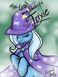 Size: 504x670 | Tagged: dead source, safe, artist:veritasket, trixie, pony, unicorn, g4, bipedal, eyes closed, female, jewelry, mare, pendant, photoshop, smiling, solo, trixie's cape, trixie's hat