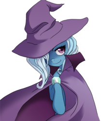 Size: 1492x1787 | Tagged: dead source, safe, artist:the-orator, trixie, pony, unicorn, g4, cape, clothes, colored pupils, female, hat, looking at you, mare, mysterious, photoshop, raised hoof, shadow, simple background, smiling, solo, transparent background, trixie's cape, trixie's hat