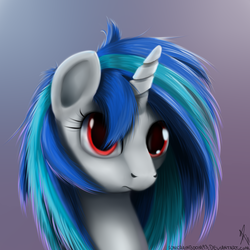 Size: 1100x1100 | Tagged: dead source, safe, artist:sonicrainboom93, dj pon-3, vinyl scratch, pony, unicorn, g4, bust, female, gradient background, looking at you, mare, portrait, purple background, red eyes, solo, wrong eye color