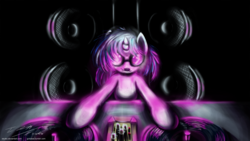 Size: 1920x1080 | Tagged: safe, artist:esuka, dj pon-3, vinyl scratch, pony, unicorn, darkness, disc jockey, dj table, female, looking at you, mare, photoshop, smiling, smiling at you, solo, speaker, turntable, wallpaper