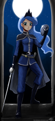 Size: 1020x2215 | Tagged: safe, artist:johnjoseco, princess luna, human, 2011, boots, clothes, colored pupils, ear piercing, earring, female, frown, humanized, jewelry, looking at you, mask, military uniform, moon, night, piercing, rapier, shoes, skinny, sky, solo, sword, uniform, warrior luna, weapon