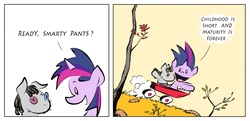 Size: 1500x723 | Tagged: dead source, safe, artist:harsadeur, smarty pants, twilight sparkle, pony, unicorn, g4, lesson zero, 2 panel comic, calvin and hobbes, comic, crossover, duo, female, filly, filly twilight sparkle, photoshop, style emulation, truth, twilight and smarty, unicorn twilight, younger