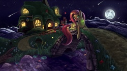 Size: 2123x1200 | Tagged: safe, artist:tsitra360, angel bunny, fluttershy, firefly (insect), fish, pegasus, pony, g4, beautiful, bridge, duo, female, flower, fluttershy's cottage, mare, moon, night, pet, photoshop, river, sky, solo, stream, wallpaper, water