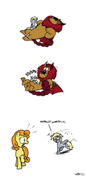 Size: 880x1800 | Tagged: safe, artist:zicygomar, carrot top, derpy hooves, golden harvest, manny roar, earth pony, manticore, pegasus, pony, g4, 2011, 3 panel comic, black eye, calvin and hobbes, comic, dizzy, fail, female, mare, no pupils, ouch, photoshop, simple background, trio, tummy buzz, white background, worth it