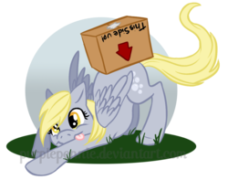 Size: 1004x793 | Tagged: safe, artist:fantaprime, derpy hooves, pegasus, pony, g4, :p, box, cute, derpabetes, female, grass, mare, simple background, solo, tongue out, transparent background, watermark