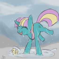 Size: 900x900 | Tagged: dead source, safe, artist:speccysy, dewdrop dazzle, pony, unicorn, g4, cloud, cute, eyes closed, female, happy, mare, puddle, rain, rubber duck, smiling, solo