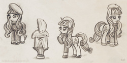 Size: 1000x500 | Tagged: safe, artist:kp-shadowsquirrel, rarity, pony, unicorn, g4, sweet and elite, beatnik rarity, beret, black and white, clothes, female, grayscale, hat, mare, modern art, monochrome, sketch, sketch dump, solo, table, traditional art