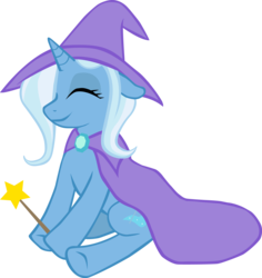 Size: 2083x2210 | Tagged: dead source, safe, artist:anders-art, trixie, pony, unicorn, g4, adobe imageready, cape, clothes, eyes closed, female, happy, hat, high res, mare, missing details, simple background, sitting, smiling, solo, transparent background, trixie's cape, trixie's hat, wand