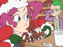Size: 1024x768 | Tagged: safe, artist:thelivingmachine02, fluttershy, pinkie pie, rarity, spike, twilight sparkle, human, unicorn, g4, 2011, caught, christmas, clothes, cookie, costume, description in comments, duo, eating, female, gimp, hat, human spike, humanized, male, milk, pajamas, santa hat, spike is not amused, unamused, unicorn twilight