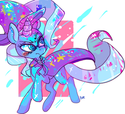 Size: 616x565 | Tagged: dead source, safe, artist:clockworkquartet, trixie, pony, unicorn, g4, abstract background, cape, clothes, female, glowing horn, hat, horn, mare, solo, trixie's cape, trixie's hat