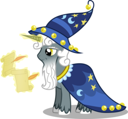 Size: 988x922 | Tagged: safe, artist:emkay-mlp, star swirl the bearded, pony, unicorn, g4, feather, glowing horn, horn, levitation, magic, male, photoshop, quill, scroll, simple background, solo, stallion, star swirl the bearded costume, telekinesis, transparent background