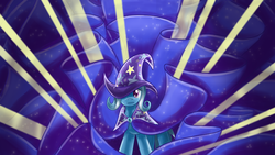 Size: 1280x720 | Tagged: safe, artist:saturnspace, trixie, pony, unicorn, g4, brooch, cape, cloak, clothes, crepuscular rays, featured image, female, hat, jewelry, lights, looking at you, magic, mare, photoshop, shiny, smiling, solo, trixie's brooch, trixie's cape, trixie's hat