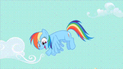 Size: 384x216 | Tagged: safe, edit, edited screencap, screencap, rainbow dash, pegasus, pony, g4, season 2, the mysterious mare do well, animated, artifact, caption, cloud, cute, dancing, dashabetes, female, flying, gif, happy, haters gonna hate, image macro, mare, meme, reaction image, sky, solo, text