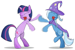 Size: 500x336 | Tagged: safe, artist:subjectnumber2394, trixie, twilight sparkle, pony, unicorn, g4, animated, balancing, bipedal, cape, clothes, duo, duo female, epic fight, eyes closed, female, fight, gif, hat, hilarious in hindsight, hoofy-kicks, internet fight, mare, open mouth, raised leg, rearing, screaming, shadow, simple background, sissy slap fight, tongue out, trixie's cape, trixie's hat, unicorn twilight, white background