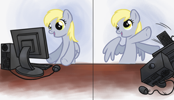 Size: 2168x1260 | Tagged: safe, artist:blackfeathr, derpy hooves, pegasus, pony, artifact, computer, computer reaction faces, derpy hooves tech support, female, mare, no, open mouth, photoshop, reaction image, smiling, solo, throwing, wallpaper