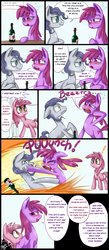 Size: 700x1600 | Tagged: dead source, safe, artist:starlightspark, berry punch, berryshine, ruby pinch, earth pony, pony, unicorn, g4, bar, blushing, bottle, comic, dialogue, drunk, exclamation point, falcon punch, female, filly, foal, male, mare, slice of life, stallion, tin tailor