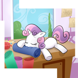 Size: 1000x1000 | Tagged: safe, artist:madmax, sweetie belle, pony, unicorn, blank flank, carousel boutique, cute, diasweetes, dumb fabric, fabric, female, filly, foal, needle, sketch, sleeping, solo, window