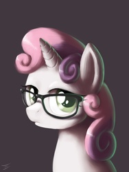 Size: 1200x1600 | Tagged: dead source, safe, artist:swaetshrit, artist:sweatshirt, sweetie belle, pony, unicorn, g4, 2011, black background, bust, cute, diasweetes, female, filly, foal, frown, glasses, gray background, hipster, looking at you, paint tool sai, palindrome get, portrait, signature, simple background, solo