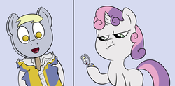 Size: 2032x1003 | Tagged: safe, artist:lowkey, derpy hooves, sweetie belle, pony, unicorn, g4, 2 panel comic, blue background, comic, dissapoint, female, filly, food, popsicle, simple background, underp
