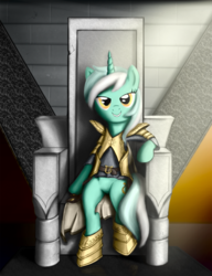 Size: 1000x1300 | Tagged: dead source, safe, artist:easteu, lyra heartstrings, pony, unicorn, g4, bipedal, clothes, crossover, featureless crotch, female, gimp, jarl, looking at you, mare, newbie artist training grounds, sitting, skyrim, solo, the elder scrolls, throne