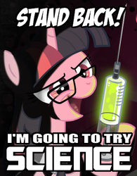 Size: 353x452 | Tagged: safe, artist:don-ko, edit, twilight sparkle, pony, unicorn, g4, cthulhu mythos, female, glasses, glowing, herbert west, image macro, lovecraft, mad scientist, mare, meme, needle, paint.net, re-animator, science, solo, stand back i'm going to try science, syringe, this will end in science, unicorn twilight