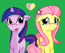 Size: 636x522 | Tagged: dead source, safe, artist:zaikersonic42, fluttershy, twilight sparkle, pegasus, pony, unicorn, g4, blushing, cute, duo, female, floppy ears, flower, flower in hair, folded wings, green background, hearth, lesbian, looking at each other, mare, palindrome get, ship:twishy, shipping, shyabetes, simple background, twiabetes, unicorn twilight