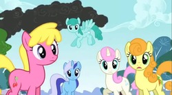 Size: 850x473 | Tagged: safe, screencap, carrot top, cherry berry, golden harvest, minuette, spring melody, sprinkle medley, twinkleshine, earth pony, pegasus, pony, unicorn, dragonshy, g4, season 1, female, flying, frown, looking at you, mare, sky, smoke