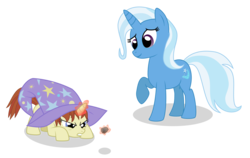 Size: 3000x1900 | Tagged: safe, artist:the smiling pony, trixie, oc, unnamed oc, pony, unicorn, g4, angry, clothes, duo, female, filly, glowing horn, hat, horn, inkscape, levitation, magic, mare, paint.net, rock, simple background, telekinesis, transparent background, trixie's hat, vector