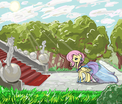 Size: 2000x1692 | Tagged: dead source, safe, artist:lisaorise, fluttershy, pegasus, pony, g4, clothes, cloud, crepuscular rays, dignified wear, dress, female, forest, gala dress, mare, solo, stairs, sun