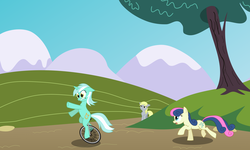 Size: 8000x4800 | Tagged: safe, artist:the smiling pony, bon bon, derpy hooves, lyra heartstrings, sweetie drops, earth pony, pegasus, pony, unicorn, g4, absurd resolution, female, inkscape, mare, mountain, running, stare, tree, trio, trio female, unicycle, vector, wallpaper