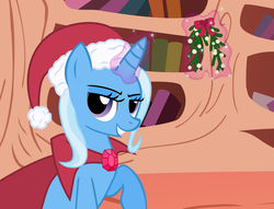 Size: 3000x2288 | Tagged: safe, artist:the smiling pony, trixie, pony, unicorn, g4, bedroom eyes, cape, christmas, clothes, cropped, female, glowing horn, golden oaks library, grin, hat, high res, horn, inkscape, levitation, library, looking at you, magic, mare, mistletoe, raised hoof, santa hat, sitting, smiling, smirk, solo, telekinesis, trixie's cape, vector