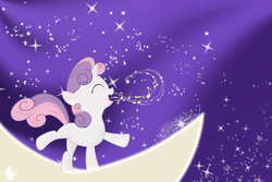 Size: 3000x2000 | Tagged: safe, artist:re6ellion, sweetie belle, pony, unicorn, g4, eyes closed, female, filly, high res, moon, music, music notes, photoshop, singing, sky, solo, stars, wallpaper