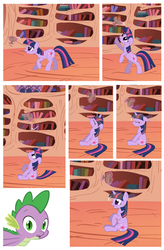 Size: 1707x2595 | Tagged: safe, artist:the smiling pony, spike, twilight sparkle, dragon, pony, unicorn, g4, comic, cute, duo, female, floppy ears, golden oaks library, inkscape, male, mare, scrunchy face, smiling, twiabetes, unicorn twilight, vector