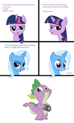Size: 1166x1946 | Tagged: safe, artist:the smiling pony, spike, trixie, twilight sparkle, dragon, pony, unicorn, g4, bust, camera, comic, female, fudanshi, implied voyeurism, inkscape, lesbian, lesbian in front of boys, magic, male, mare, portrait, ship:twixie, shipping, simple background, smiling, vector, white background, zipper, zippermouth