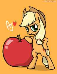 Size: 822x1060 | Tagged: dead source, safe, artist:773her, applejack, earth pony, pony, g4, apple, bipedal, bipedal leaning, female, leaning, mare, obligatory apple, orange background, simple background, smiling, solo