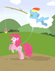 Size: 612x792 | Tagged: safe, artist:glitterypencils, pinkie pie, rainbow dash, earth pony, pegasus, pony, bait, carrot on a stick, cloud, crossed legs, cupcake, duo, eyes closed, eyes on the prize, female, fishing, food, hooves, lineless, lying down, mare, obsession, on a cloud, on back, open mouth, rainbow and cupcakes, rearing, sleeping, smiling, string, that pony sure does love cupcakes, wide eyes